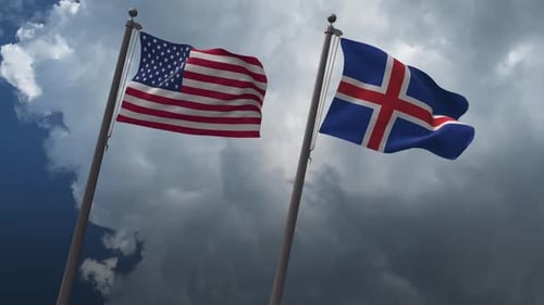 USA and Iceland National Flags Waving Against Cloudy Sky
