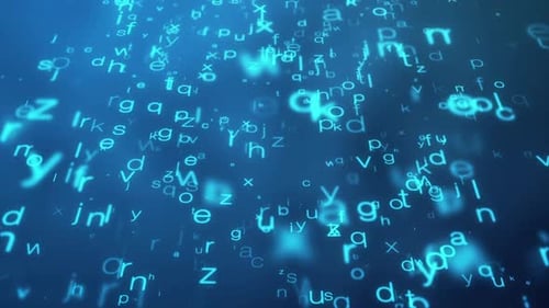 The Camera Flies Past a Large Number of Letters on a Blue Background