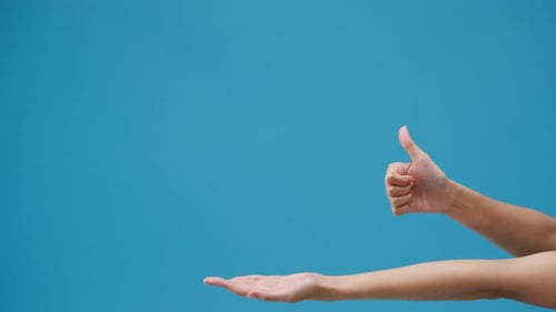 Hand Gestures Above Presented Palm on Blue Screen