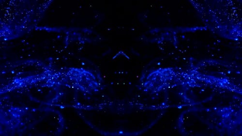 Abstract colorful blue ink drop bio luminescent particles illuminated and flowing in liquid water on