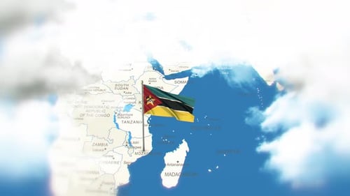 Waving Flag of Mozambique Over Africa Map Background