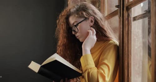 Young Woman Reads Book by Window Light