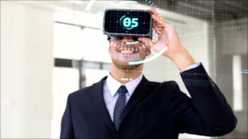 Young Man Using Virtual Reality Headset in Office