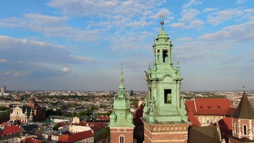 Aerial footage of Wawel Royal Castle in Cracow, Krakow, Poland, Polska