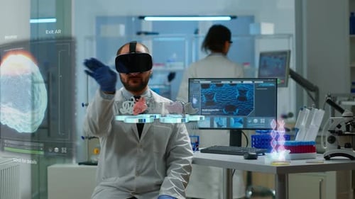 Scientist Using VR Headset in Modern Lab