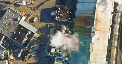 Aerial top view system chemical industry with of detail of a heavy tanks