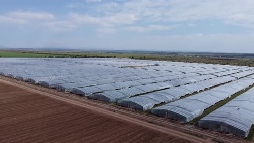 Aerial View of Rural Greenhouses on Farmland