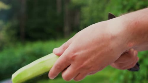 Young Man Peeling Cucumber with Knife, Blurred Background Outdoors