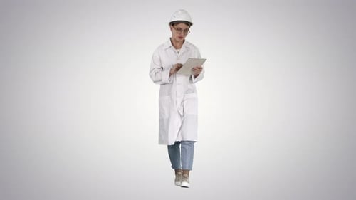 Woman Engineer Working on Tablet on Gradient Background.
