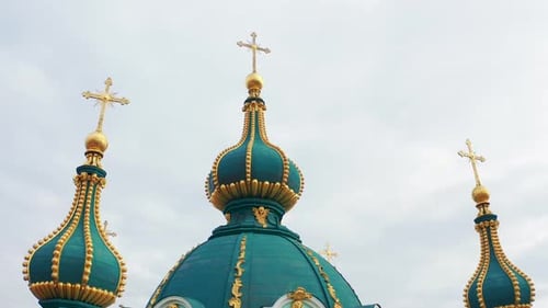 Domes and Crosses of St. Andrew's Church in Kiev. Aerial Footage