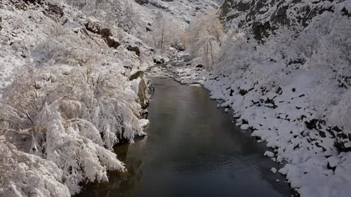 Snowy River Flowing Through Mountain Canyon in Winter