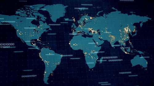 Animated Global Network World Map with Digital Data Flow