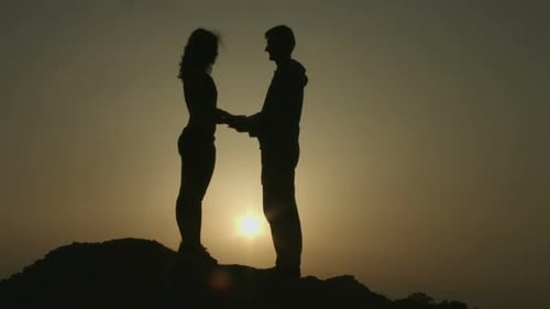 Romantic Couple Holding Hands at Sunset Silhouette