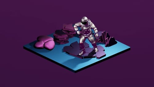 3D Isometric Astronaut Walking Animation on Abstract Platform