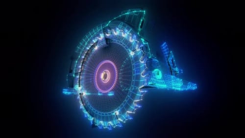 Animated Futuristic Wireframe Circular Saw Hologram