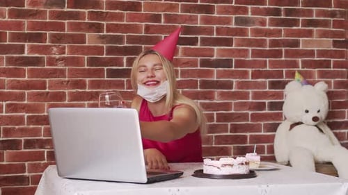 Woman Toasts During Virtual Online Birthday Party