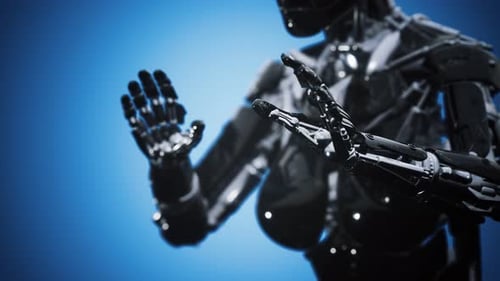 Futuristic Robot Cyborg Interacting with Digital Interface