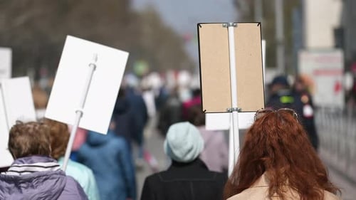 Feminist march. Woman rights. Feminism protest walk. Symbol. Domestic violence. Protest rally.