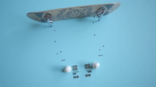 Skateboard assembly process. Elements of the board combining in order. Render 4k