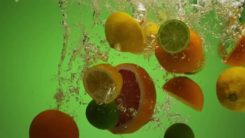 Mix of Exotic Citrus Fruits Falling Into Water in Slow Motion Orange Lime Grapefruit Lemon