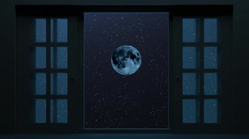 Animationsblick durch das Fenster zum Vollmond