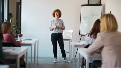 Red haired teacher during presentation at flip chart
