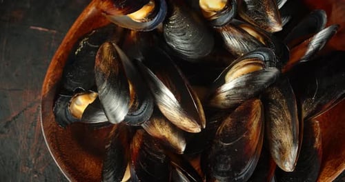 Fresh Mussels on a Wooden Plate
