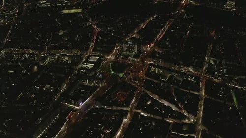 Slow Overhead Shot of City at Night with Lights and Traffic, Cologne, Germany