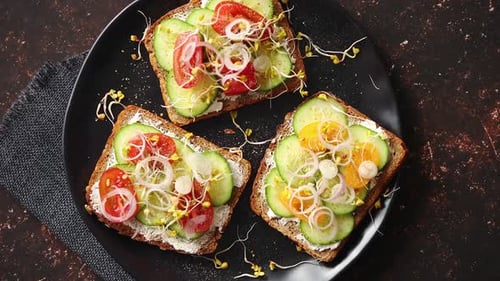 Healthy Toast with Fresh Vegetables Overhead Shot