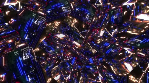 Futuristic Abstract Tunnel Loop with Glowing Digital Cubes