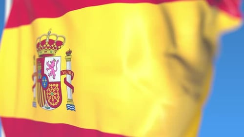 Realistic Waving Flag of Spain with Crest and Blue Background