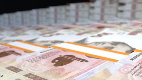 Many wads of money background. 100 Ukrainian Hryvnia banknotes. Stacks of money.