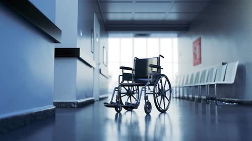 Abandoned wheelchair in empty, clean hospital waiting corridor. Disability in 4K