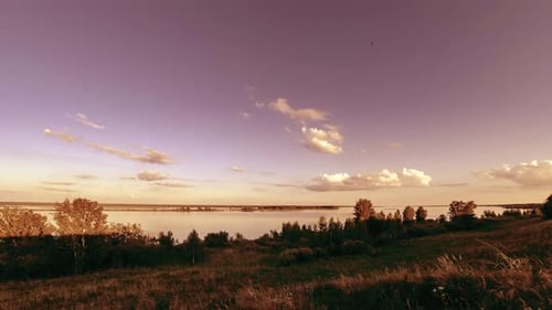 Ocean Bank and Grass Meadow Timelapse at the Summer or Autumn Time. Wild Nature, Sea Coast and Rural