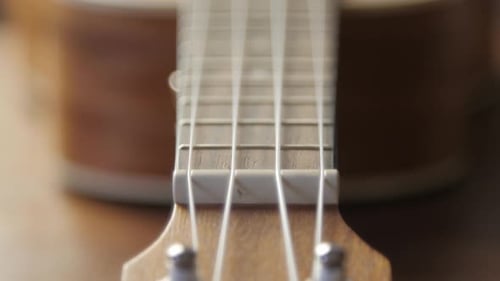 Ukulelenhals-Griffbrett und Saiten Nahaufnahme
