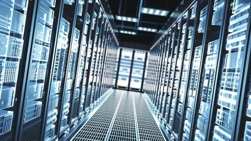 Network and Data Servers Behind Glass Panels in a Server Room of a Data Center