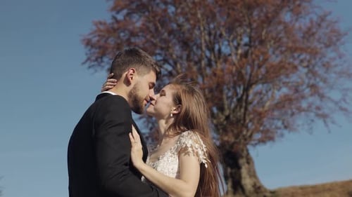 Newlyweds. Caucasian Groom with Bride Near Beautiful Autumn Tree. Wedding Couple