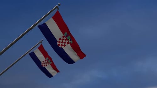Croatian National Flag Waving in Wind Against Blue Sky