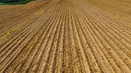 Aerial view of plowed field in countryside.