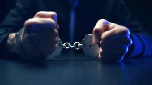 Person in Handcuffs Fidgeting on Table in Blue Light