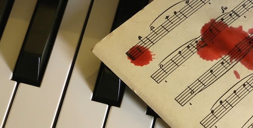 Piano Keyboard with Music and Red Splatters