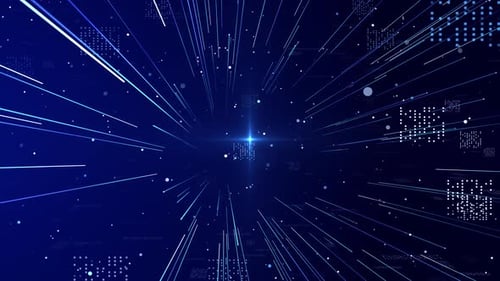 Volando hacia un túnel digital de big data futurista, partículas de código binario, conexión de red, movimiento