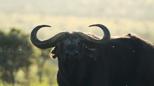 Fliegen fliegen um einen Wasserbüffel herum, der in der Wildnis in Kenia unter der Sonne steht - Nahaufnahme