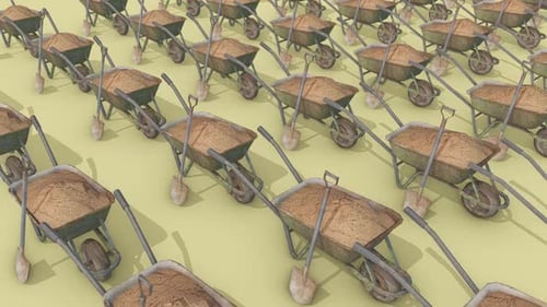 A Lot Of Wheelbarrow With Sand In A Row Hd