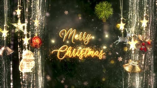 Merry Christmas Golden Glitter Text Reveal with Holiday Ornaments