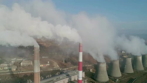 Aerial Drone View Tall Chimney Pipes Grey Smoke From Coal Power Plant