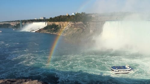 Niagara Waterfalls with A Rainbow and A Boat