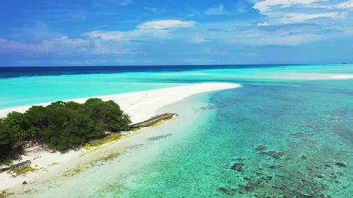 Aerial top down abstract of exotic island beach vacation by blue ocean and white sandy background of