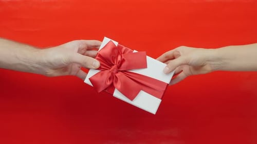 Giving a Beautifully Wrapped Gift with a Red Bow