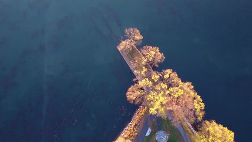 aerial view looking down at a peaceful lake